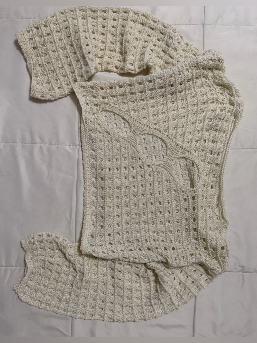 Cream Crochet Knit Hollow Out Crop Top Pullover.